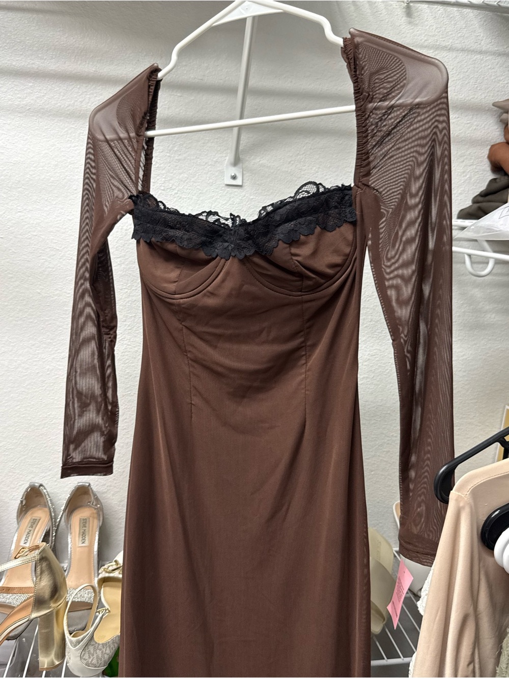 PrettyLittleThing Shape Brown Mesh Underwired Lace Tri Long Sleeve Maxi Dress